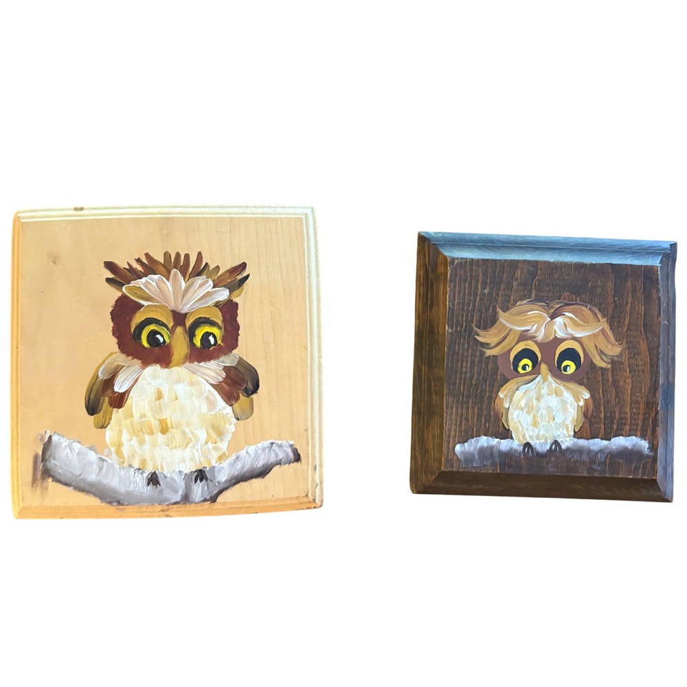 Vintage Owl Wall Art Decor Hand Painted Wood Folk Art Pair 2 Forest Paintings